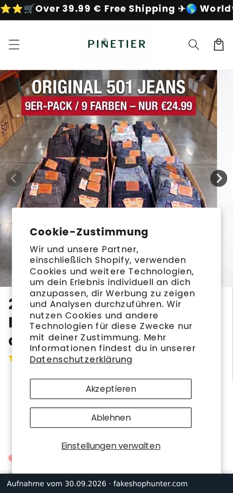 Bildschirmfoto der Produktseite von pinetier.com, aufgenommen am 30.09.2026